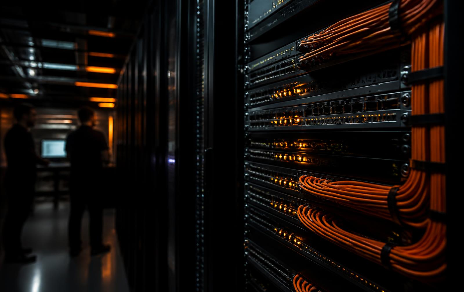 Rack de servidores e cabeamento de rede em escritório corporativo